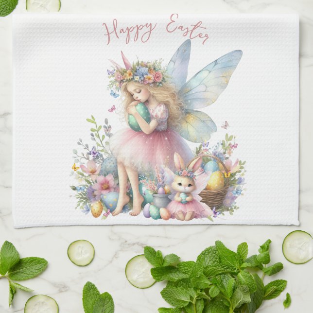 Watercolor Easter Spring Fairy Tea Towel (Folded)