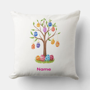 Watercolor Easter Tree with Hanging Decorated Eggs Cushion