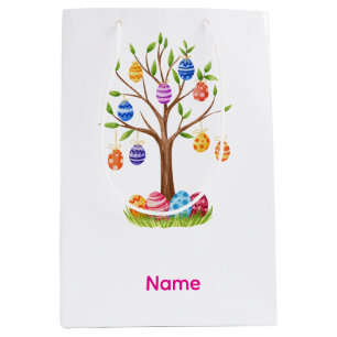 Watercolor Easter Tree with Hanging Decorated Eggs Medium Gift Bag