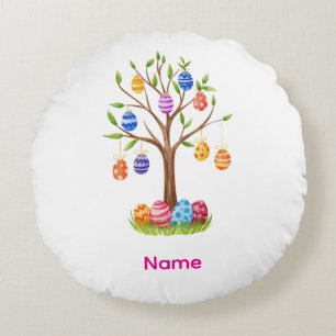 Watercolor Easter Tree with Hanging Decorated Eggs Round Cushion