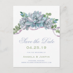 Watercolor Echeveria Purple Ribbon Save the Date Announcement Postcard