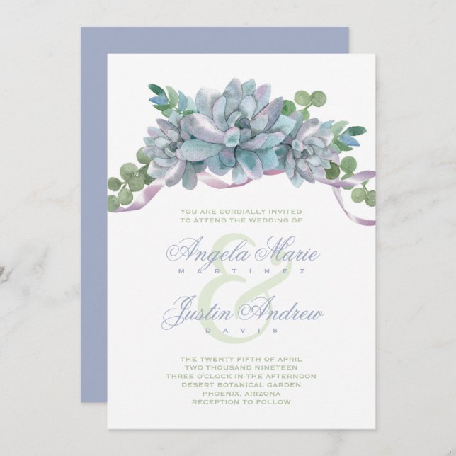 Watercolor Echeveria with Purple Ribbon Invitation (Front/Back)