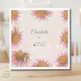 Watercolor Echinacea & Bumblebee 1st Birthday Napkin