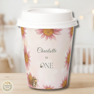 Watercolor Echinacea & Bumblebee 1st Birthday Paper Cups