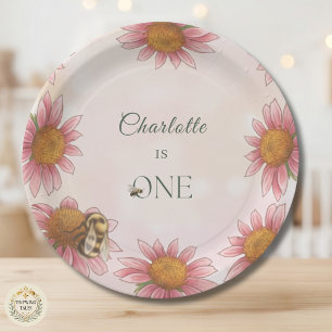 Watercolor Echinacea & Bumblebee 1st Birthday Paper Plate