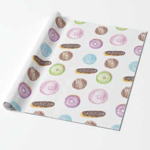 Watercolor Eclairs Doughnuts Fun Whimiscal Sweet Wrapping Paper