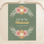 Watercolor Eid Al-Fitr Postcard<br><div class="desc">This postcard is a beautifully crafted piece to celebrate Eid Al-Fitr, featuring a deep olive green background that gives it a rich, elegant base. The centerpiece of the design is the traditional lantern, intricately detailed and rendered in warm golden tones that glow against the darker backdrop, symbolising the light of...</div>