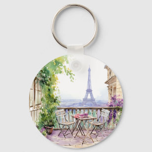 Watercolor Eifel Tower Paris French Cafe Key Ring