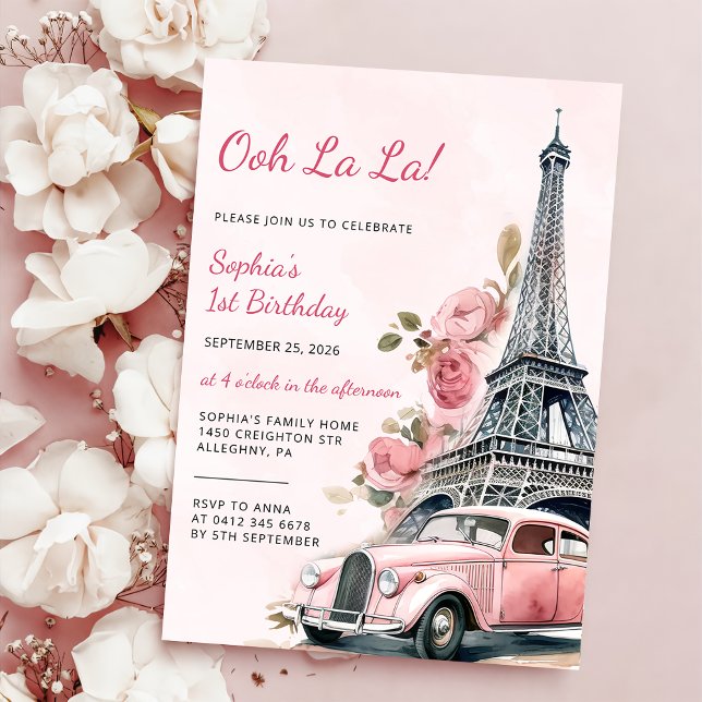 Watercolor Eiffel Tower Paris 1st Birthday Party Invitation (Creator Uploaded)
