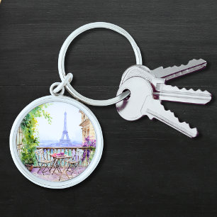Watercolor Eiffel Tower Paris French Cafe Key Ring
