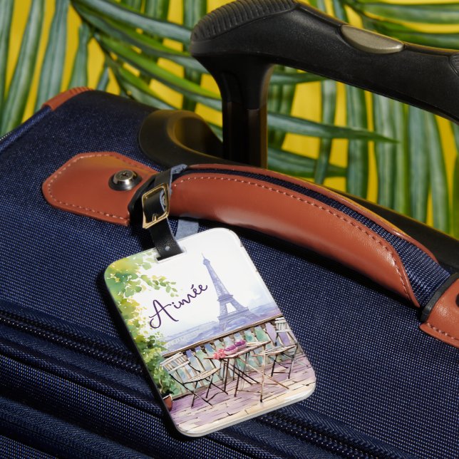 Watercolor Eiffel Tower Paris French Cafe Name Luggage Tag (Front Insitu 1)