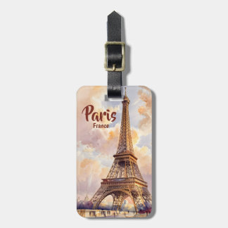 Watercolor Eiffel Tower Sunset Travel Custom Text Luggage Tag