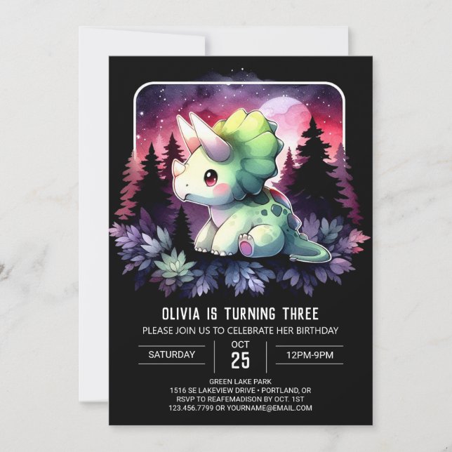 Watercolor Elegance Triceratops Birthday Invitation (Front)