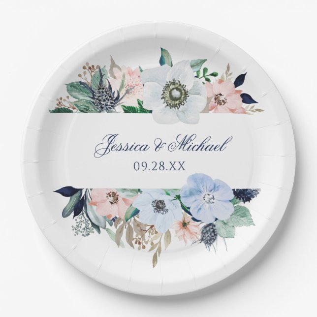 Watercolor Elegant Anemone Floral Frame Wedding Paper Plate (Front)