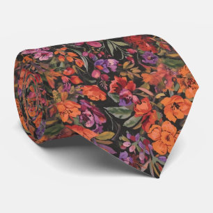 Watercolor Elegant black Summer Flowers Hues Tie
