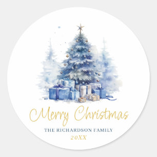 Watercolor Elegant Blue Christmas Tree Classic Round Sticker