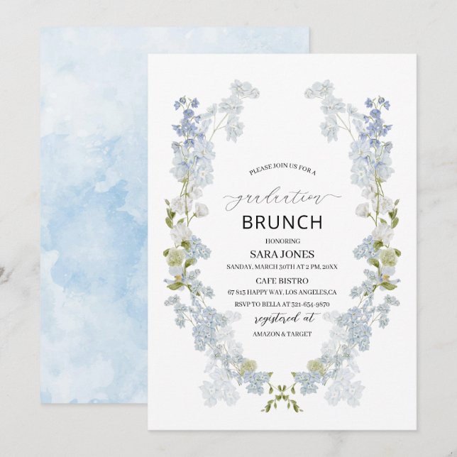 Watercolor Elegant blue flowers graduation Brunch Invitation (Front/Back)