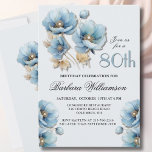 Watercolor Elegant Blue Gold Floral 80th Birthday Invitation<br><div class="desc">Start this special 60th birthday celebration in a elegant style with this beautiful watercolor invitation with colourful yet gentle blue poppies. All of the text can be personalised for your party including the guest of honour's age. If you have any special requests or require design assistance, just send a chat...</div>