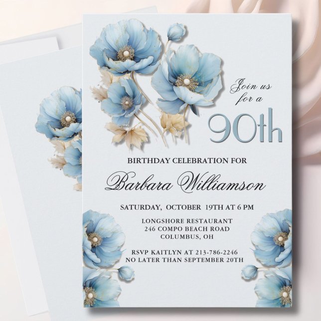 Watercolor Elegant Blue Gold Floral 90th Birthday Invitation (Creator Uploaded)
