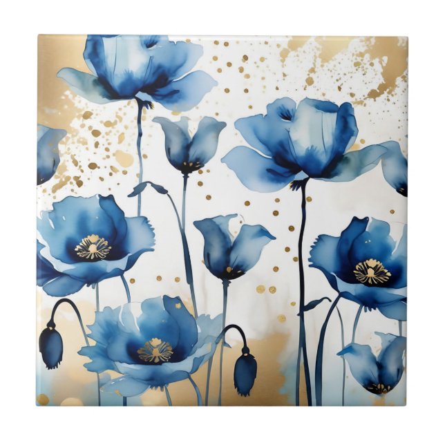 Watercolor Elegant  Blue Poppies Ceramic Tile (Front)