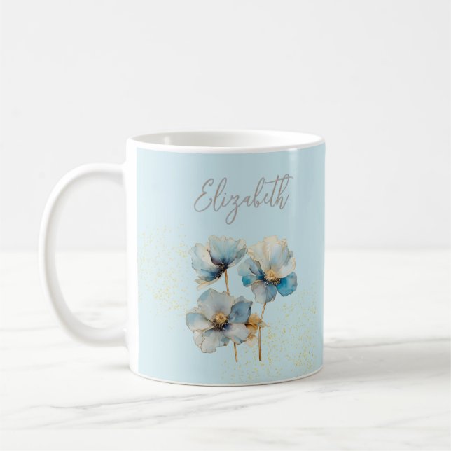 Watercolor Elegant Blue Poppies Gold Dust  Coffee Mug (Left)