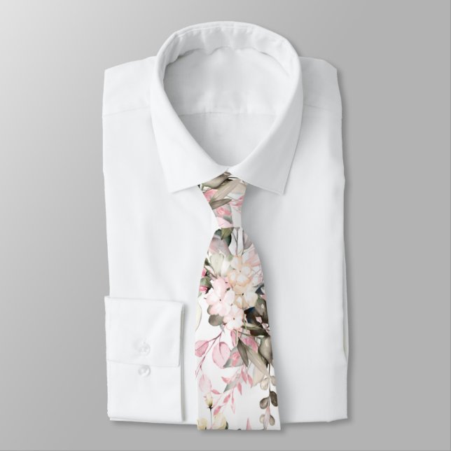 Watercolor Elegant Blush Pink Gum Eucalyptus Neck  Tie (Tied)
