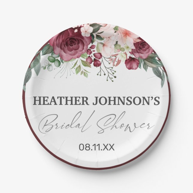 Watercolor Elegant Burgundy Floral Bridal Shower Paper Plate (Front)