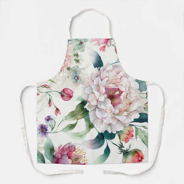 Watercolor elegant delicate asian floral pattern apron (Front)