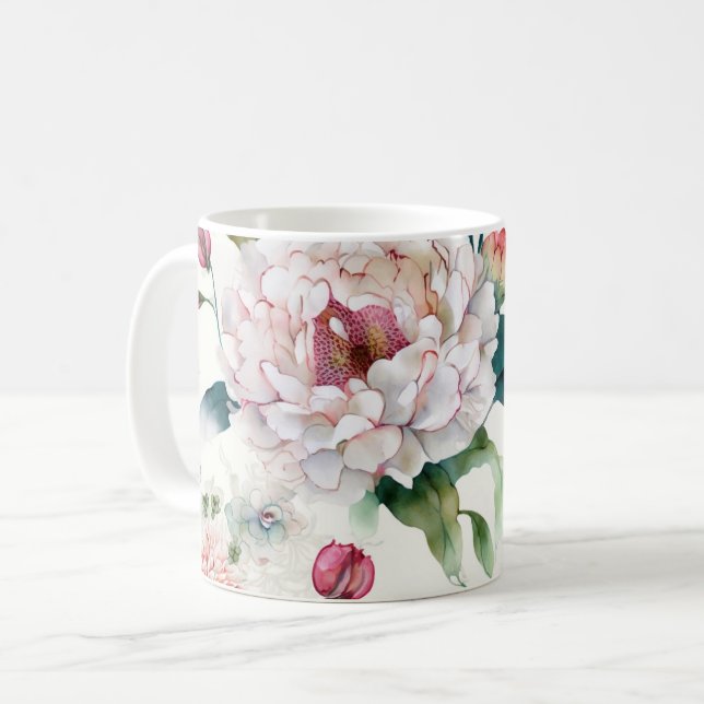 Watercolor elegant delicate asian floral pattern coffee mug (Front Left)