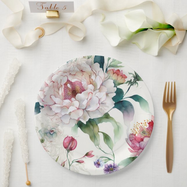 Watercolor elegant delicate asian floral pattern paper plate (Wedding)