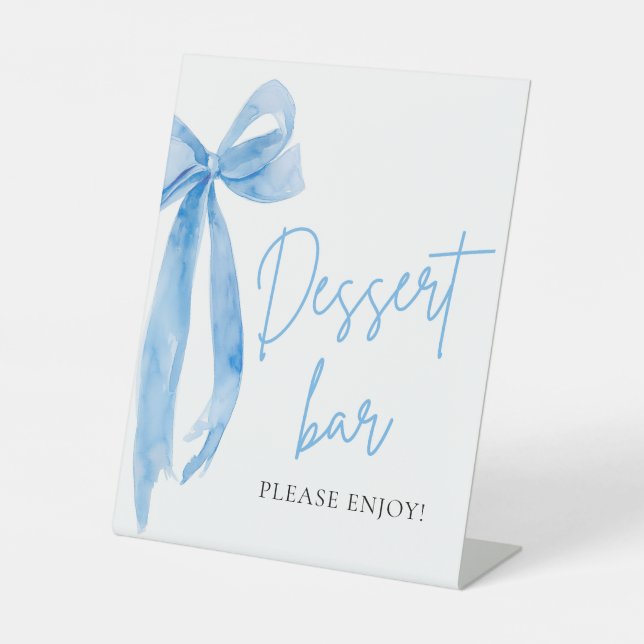 Watercolor Elegant Dusty Blue Bow Dessert Bar Sign (Front)