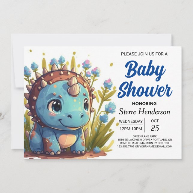 Watercolor Elegant Editable Dinosaur Baby Shower Invitation (Front)