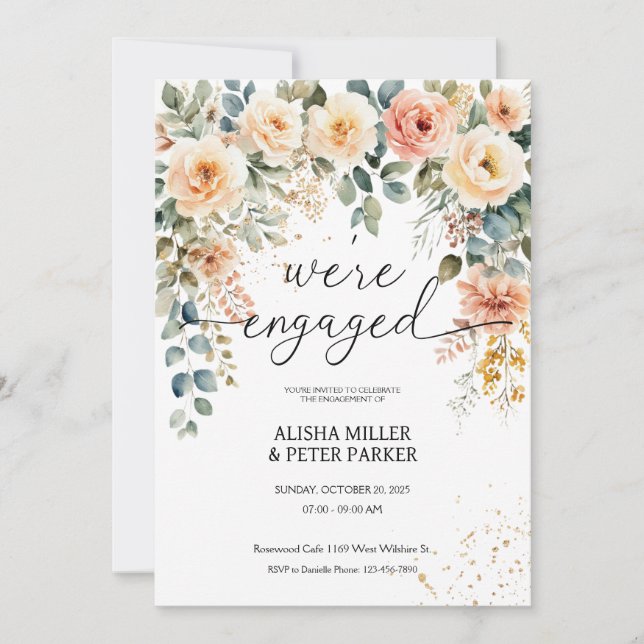 Watercolor Elegant Floral Engagement Party Invitation (Front)