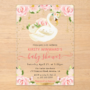 Watercolor Elegant Floral Swan Baby Shower Acrylic Invitations