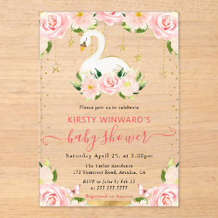 Watercolor Elegant Floral Swan Baby Shower Acrylic Invitations