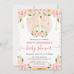 Watercolor Elegant Floral Swan Baby Shower Invitation