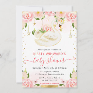 Watercolor Elegant Floral Swan Baby Shower Invitation
