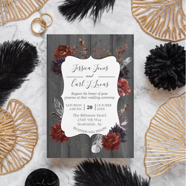 Watercolor Elegant Halloween Floral Wood Burgundy  Invitation (Creator Uploaded)