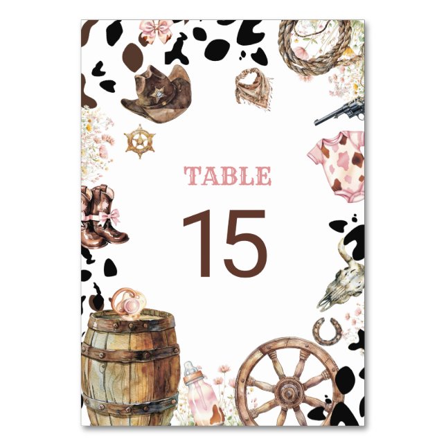 Watercolor Elegant Little Cowgirl Rodeo Country Ta Table Number (Front)