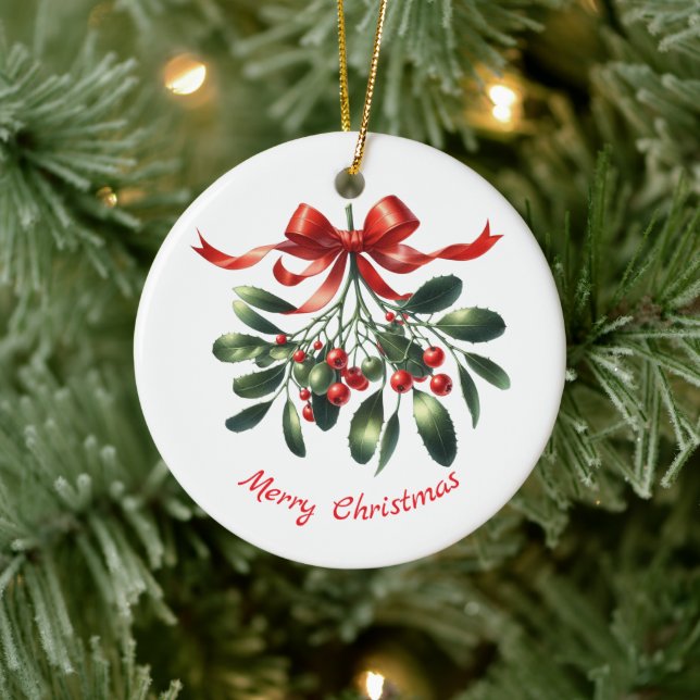 Watercolor elegant mistletoe with red ribbon ceramic ornament (Tree)