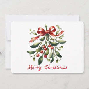 Watercolor elegant mistletoe with red ribbon holiday card