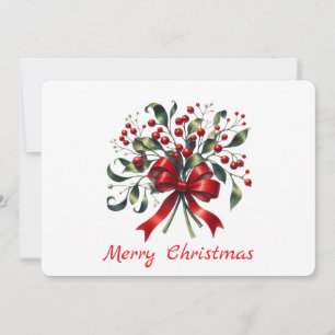 Watercolor elegant mistletoe with red ribbon holiday card