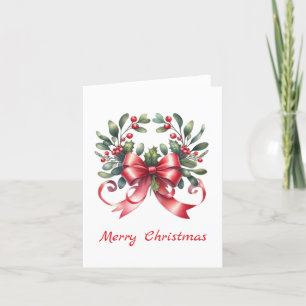 Watercolor elegant mistletoe with red ribbon holiday card