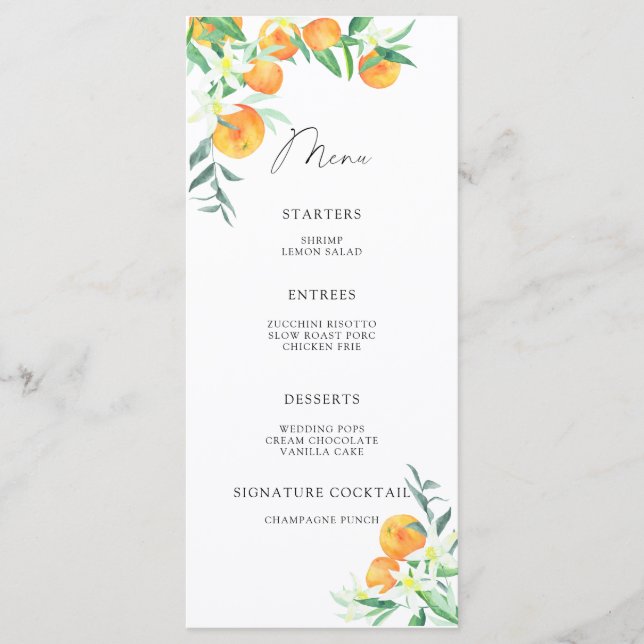 Watercolor elegant oranges citrus minimalist menu (Front)