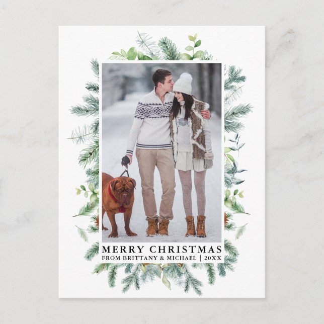Watercolor Elegant Pine Frame Couple Christmas Postcard (Front)