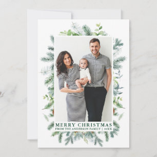 Watercolor Elegant Pine Frame Family Green Holiday Card