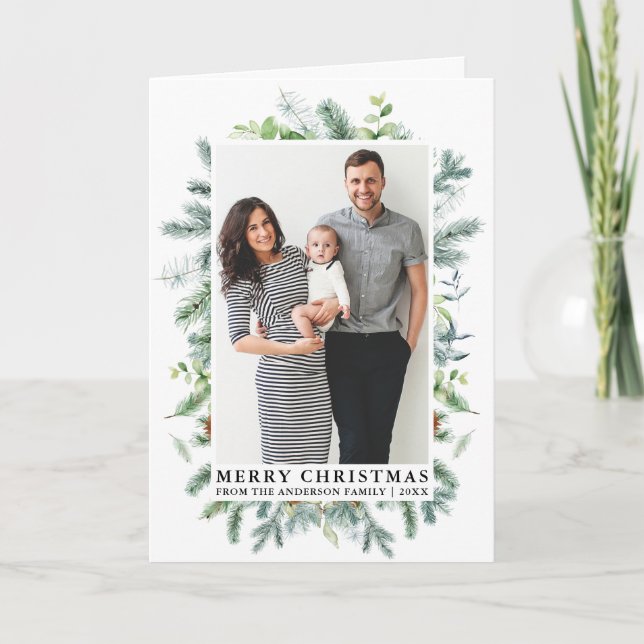 Watercolor Elegant Pine Frame Family Photo Fold Holiday Card (Front)