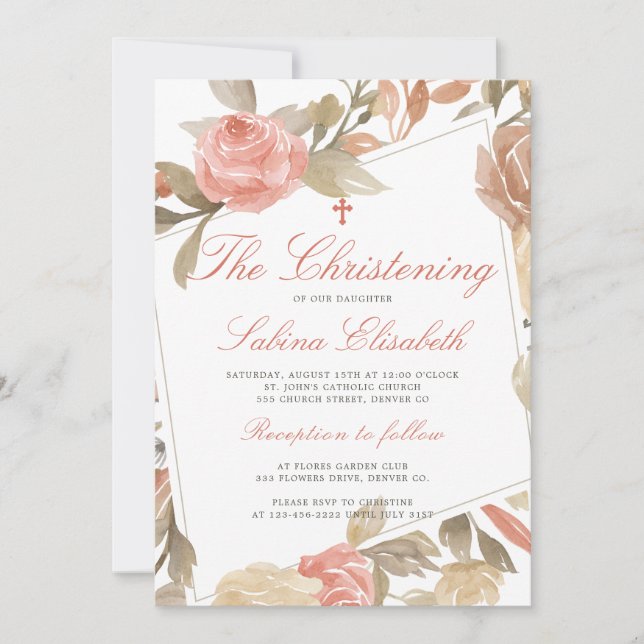 Watercolor Elegant Pink Floral Christening Invitation (Front)