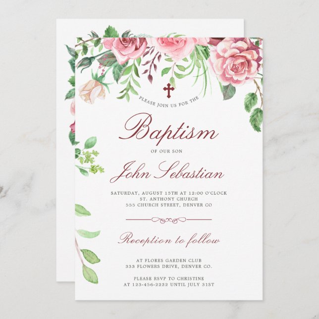 Watercolor Elegant Pink Roses Garden Baptism Invitation (Front/Back)
