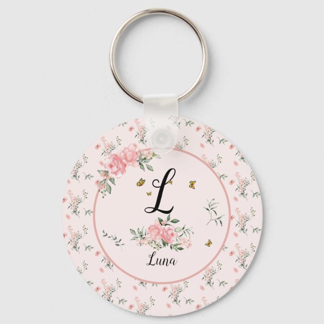 Watercolor Elegant Pink Roses with Butterflies Key Ring (Front)